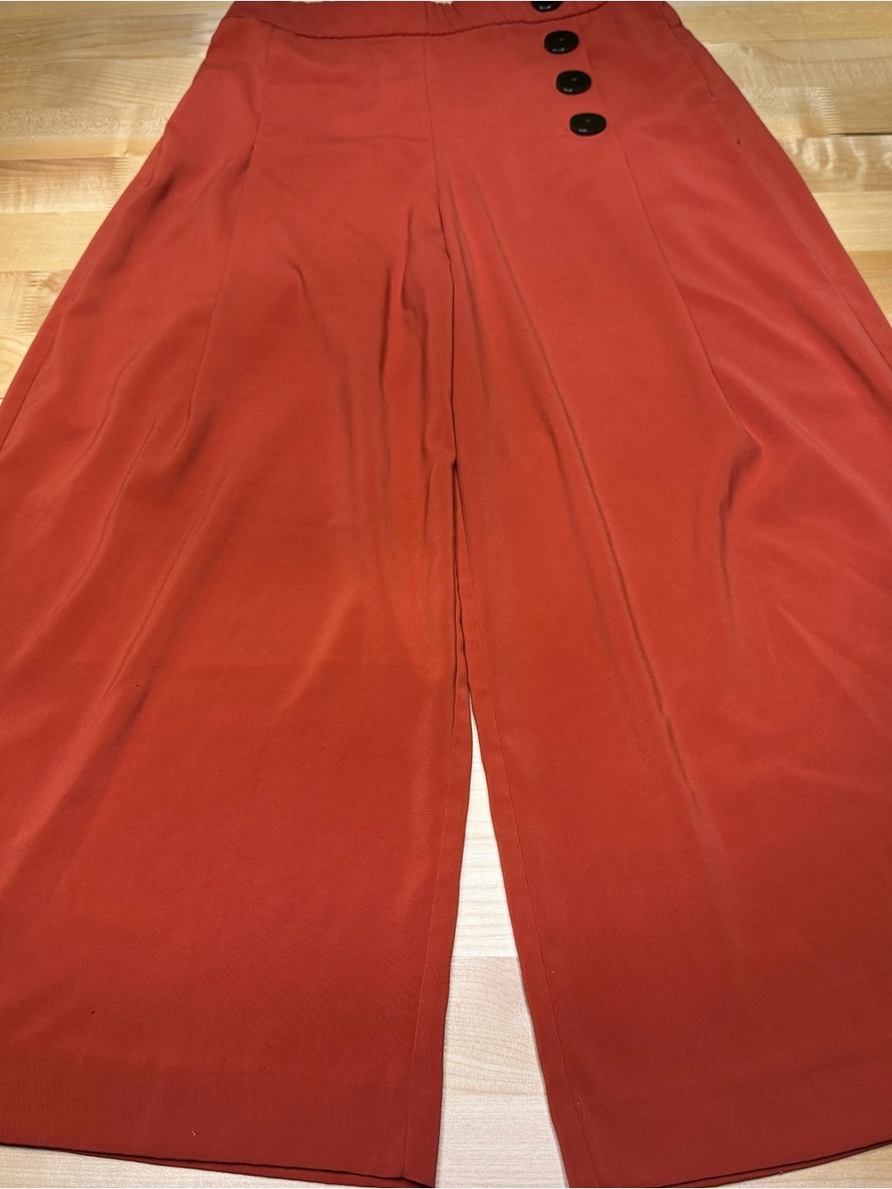 Zara Wide-Leg Trousers in Rust Orange with Side Button Detail